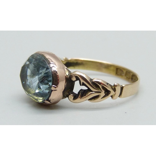 967 - A Victorian 15ct gold and blue stone solitaire ring, Chester 1892, 3.2g, K