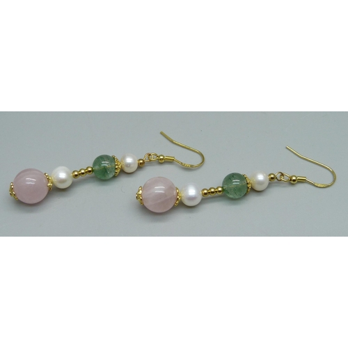 979 - A pair of silver gilt drop earrings, set with coloured quartz and cultured pearls, with certificate