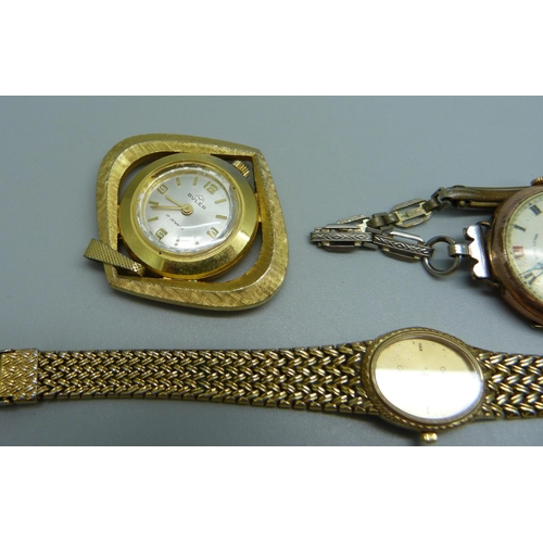 981 - Two Omega wristwatches, one lacking case back, one other lady's wristwatch and a Buler pendant watch