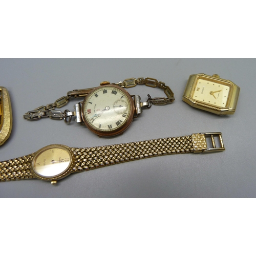 981 - Two Omega wristwatches, one lacking case back, one other lady's wristwatch and a Buler pendant watch