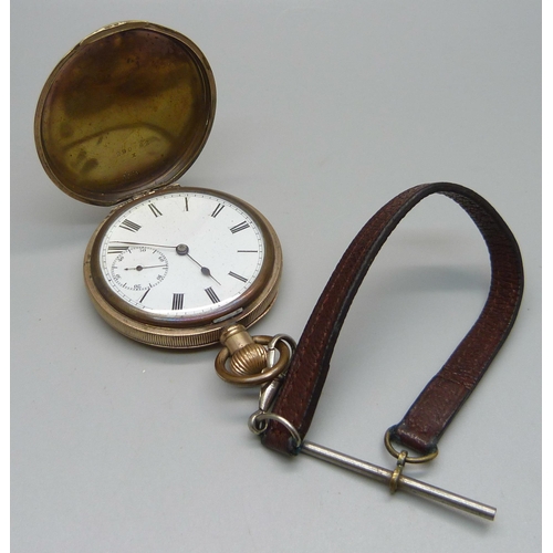 989 - A gold plated top-wind full-hunter pocket watch with a ten year case