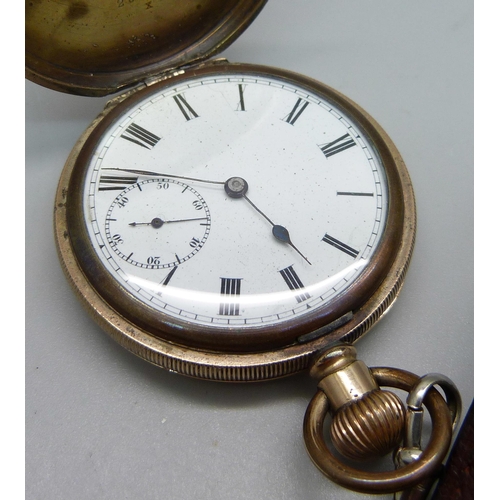 989 - A gold plated top-wind full-hunter pocket watch with a ten year case