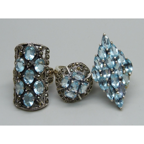 999 - Three silver and pale blue stone set rings, Q and 2 x R