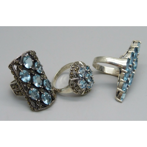 999 - Three silver and pale blue stone set rings, Q and 2 x R