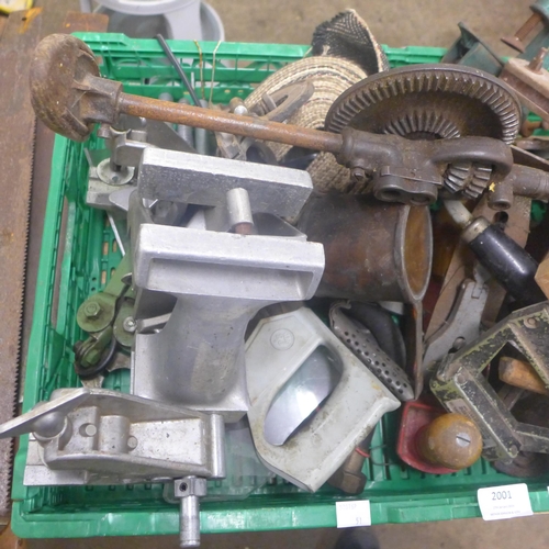 2001 - A large quantity of woodworking tools including planes, a vice, ratchet strap, etc.