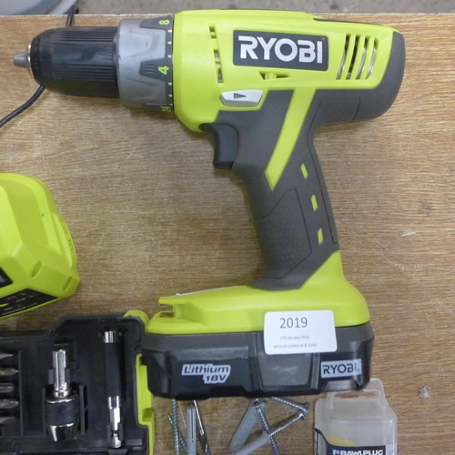 2019 - A Ryobi 18v cordless drill (LLCD11802) with battery and charger and a bit set in soft case - W