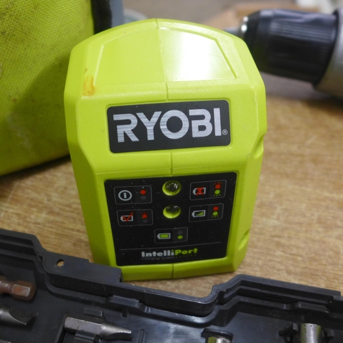 2019 - A Ryobi 18v cordless drill (LLCD11802) with battery and charger and a bit set in soft case - W