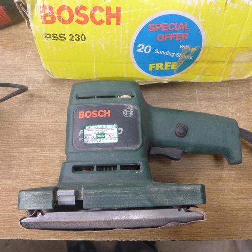 2051 - A Bosch PSR 14.4v cordless drill with battery and charger and a Bosch PSS230 240v orbital sander