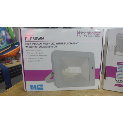 2078 - 2 Knightsbridge 50w LED floodlights with microwave sensors, boxed and unused (model FLF50wM)