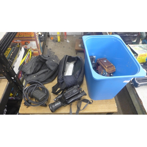 2089 - A box of photogphy equipment including video camera digital cameras and vintage items