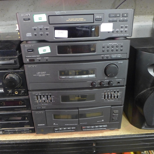 2142 - A quantity of Sony stereo equipment including CDP-M33 compact disc player, 30 Station random preset ... 