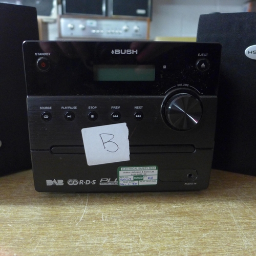 2148 - A Bush compact disc audio player (model RX-ED50), 2 Bush speakers and a collection of CDs