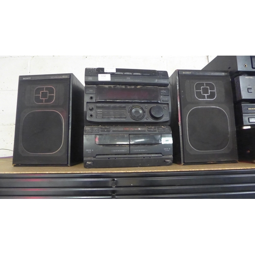 2150 - A quantity of Sony stereo equipment including 3 disc CD changer, AM/FM tuner and integrated amplifie... 