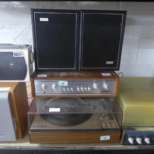 2166 - A Philips record player (Model No. 22GA247) with a Philips audio booster (Model No. BEG0300102) atta... 