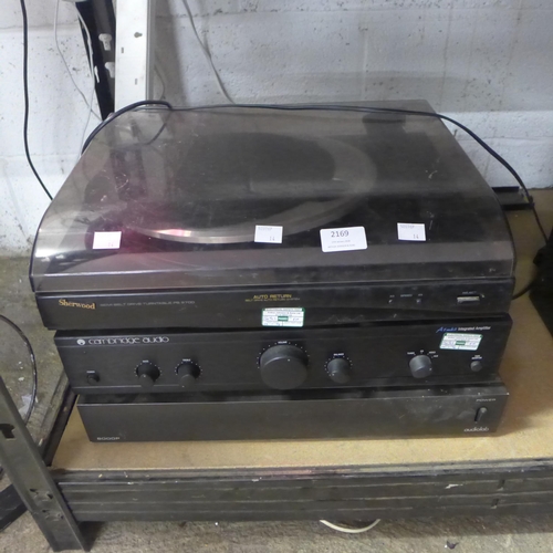 2169 - A quantity of stereo equipment including a Sherwood PS 9700 semi belt drive turntable record player,... 