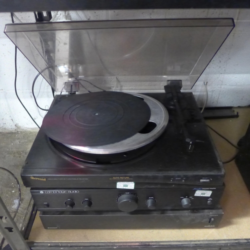 2169 - A quantity of stereo equipment including a Sherwood PS 9700 semi belt drive turntable record player,... 