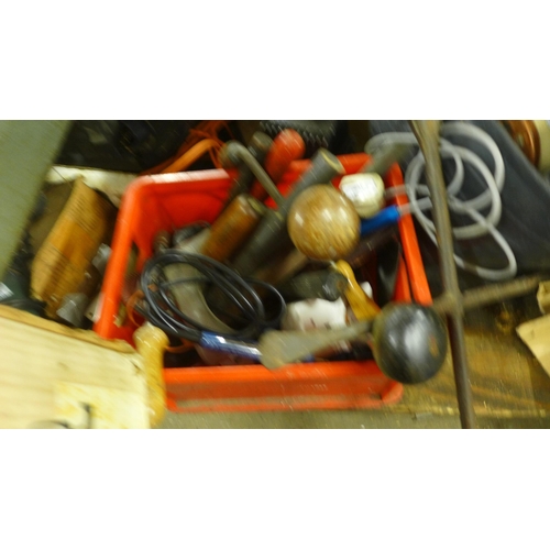 2402 - A large amount of assorted toys and DIY items including h and tools, power tools, grease gun, work l... 