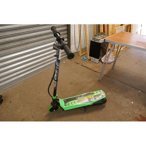 2217 - 3 electric scooters Razor E110s electric, a power scooter, a Volt 120 green scooter and a Zinc scoot... 