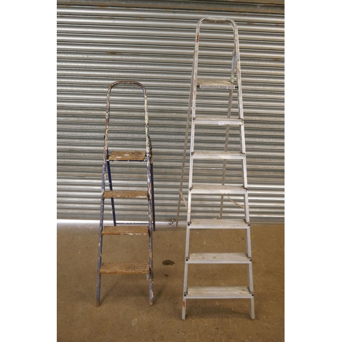 2220 - 2 Ladders - one 6-rung aluminium ladder and one 3-rung ladder with a metal frame and wooden steps