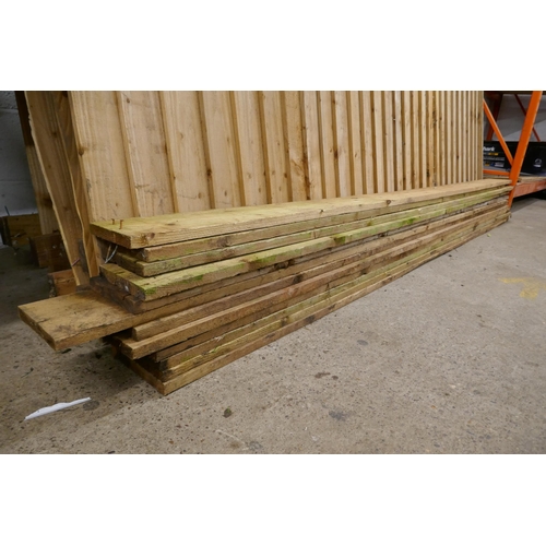 2258 - A quantity of seven 10ft x 5.5ft feather edge fence panels, seven 8ft x 4'' x 3'' wooden fence posts... 