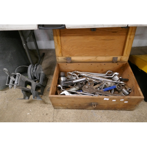 2264 - A tool box filled with tools including large spanners ,sockets and other mechanics tools including a... 