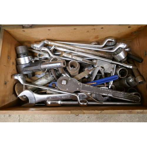 2264 - A tool box filled with tools including large spanners ,sockets and other mechanics tools including a... 