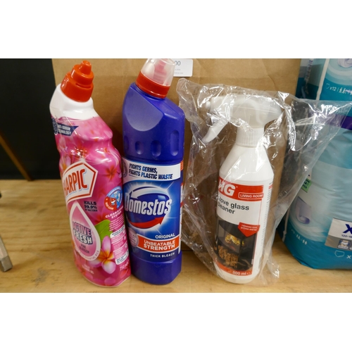 2300 - A box of assorted cleaning chemicals; 9 HG Stove Cleaner, 13 Bleach and 3 Toilet Cleaners