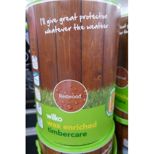 2304 - 4 x 5l cans of Wilko Redwood Max Enriched Timber Care, exterior wood paint, one partly used