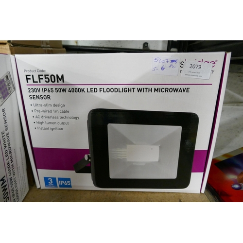 2079 - 2 Knightsbridge 50w LED floodlights with microwave sensors, boxed and unused (model FLF50M)