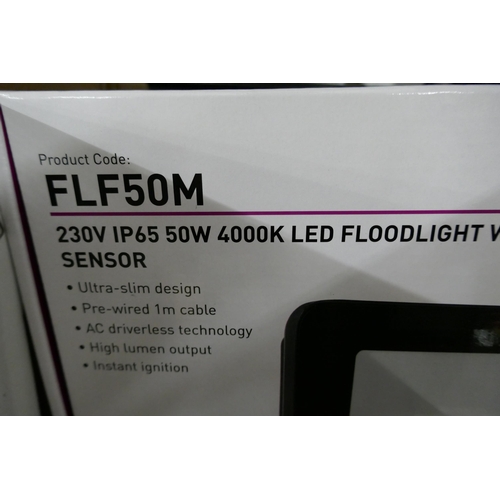 2079 - 2 Knightsbridge 50w LED floodlights with microwave sensors, boxed and unused (model FLF50M)