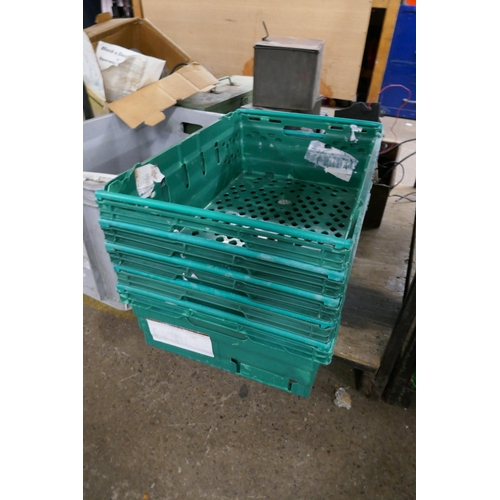 2374 - 5 green plastic stacking storage boxes