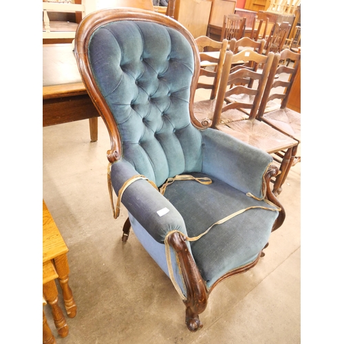 155 - A Victorian mahogany and teal fabric upholstered armchair