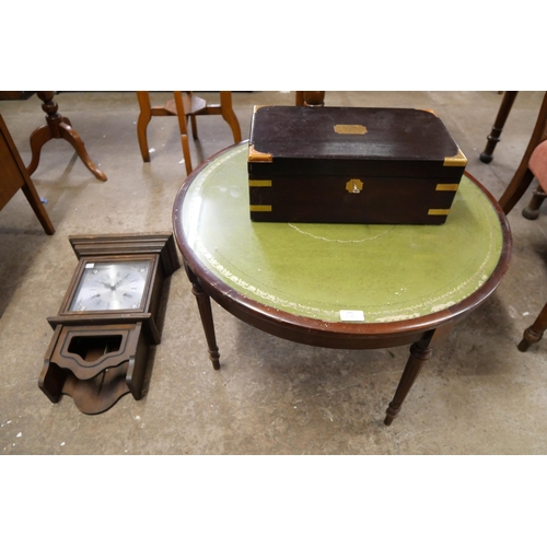 185 - A circular coffee table, a wall clock and a Victorian box