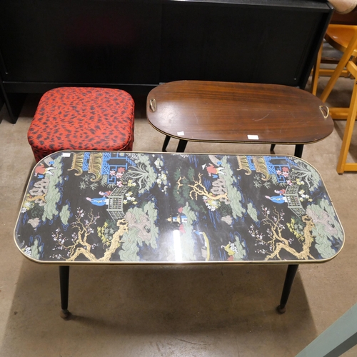 190 - A Chinese style chinoiserie coffee table, another coffee table and a stool