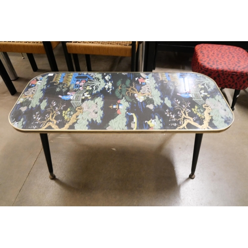 190 - A Chinese style chinoiserie coffee table, another coffee table and a stool