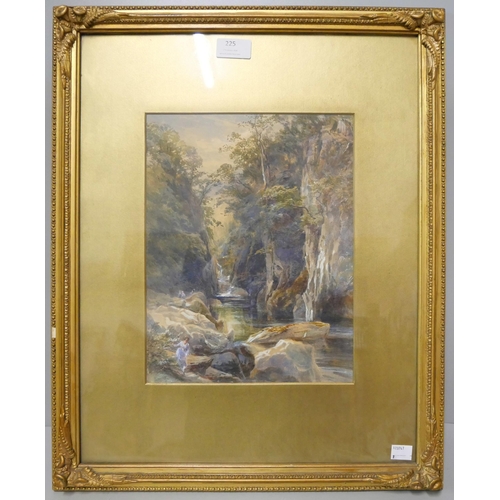 225 - English School (early 20th Century), landscape with a lady by a river, watercolour, indistinctly sig... 