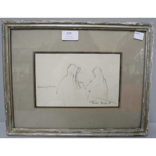 229 - Theodor Handcock, Nonnengetlister, pencil skletch, dated'55, framed