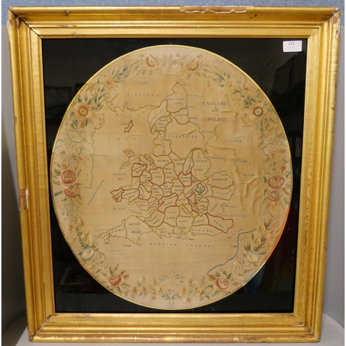 233 - A Regency silk embroidered map of England, M.H., 1817, framed