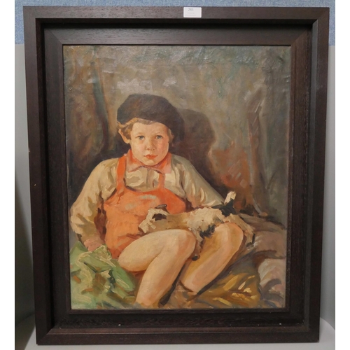 245 - English School, portrait of a boy and puppy, oil on  canvas, framed