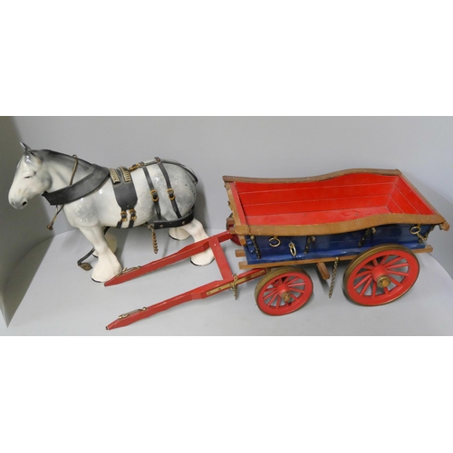 256 - Two ceramic shire horses with wooden carriages, one a/f