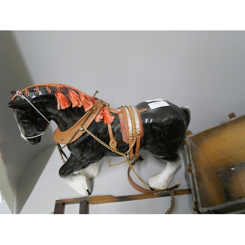 256 - Two ceramic shire horses with wooden carriages, one a/f