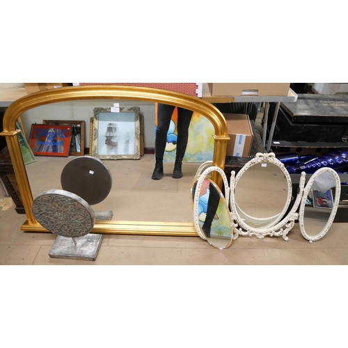 289 - A gilt framed overmantel mirror, a cream dressing tablel mirror and an ornament