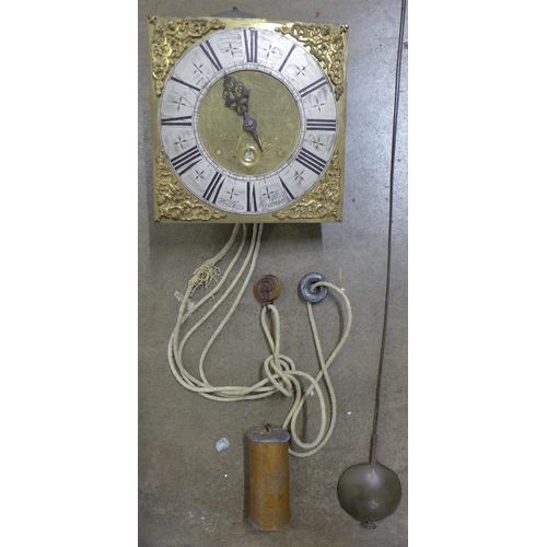 306 - An early 18th Century longcase clock dial and movement by Wooley, Codnor, with pendulum and weight