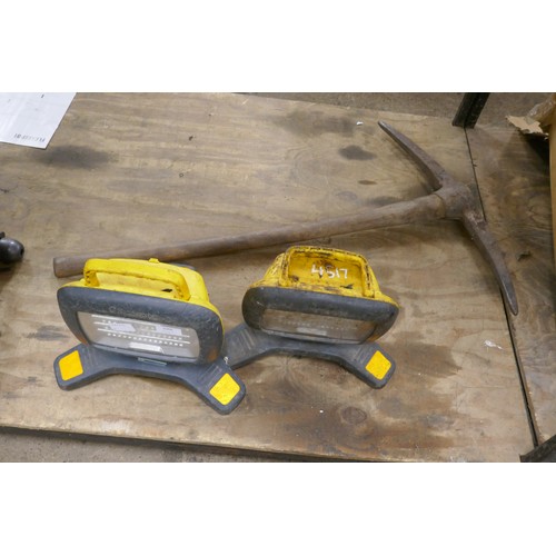 2406A - Two Mukrphy Night Searcher 12v work lights and a pick axe