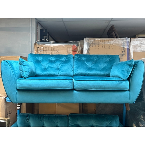 1545 - A Hoxton teal velvet upholstered three seater sofa, RRP £799