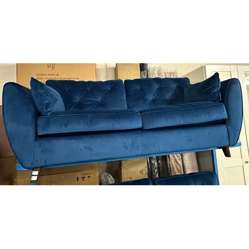 1563 - A Hoxton blue velvet upholstered three seater sofa, RRP £799