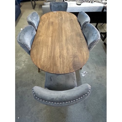 1571 - A mango wood dining table with a set of six grey velvet button backed dining chairs , nail protrudin... 