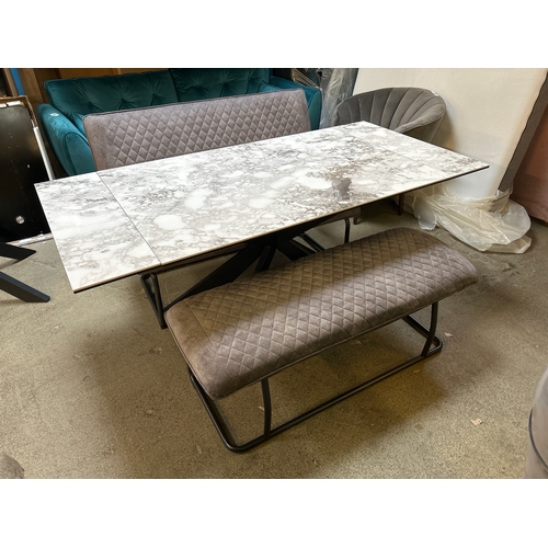 1547 - A double extending marble dining table with grey velvet high and low bench set   * This lot is subje... 