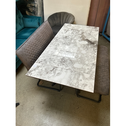 1547 - A double extending marble dining table with grey velvet high and low bench set   * This lot is subje... 