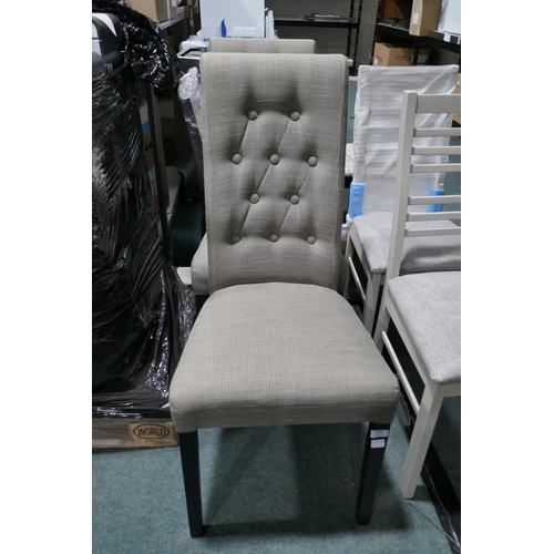 3158 - Two highback wooden dining chairs With grey fabric seats  (420-811)  * This lot is subject to vat